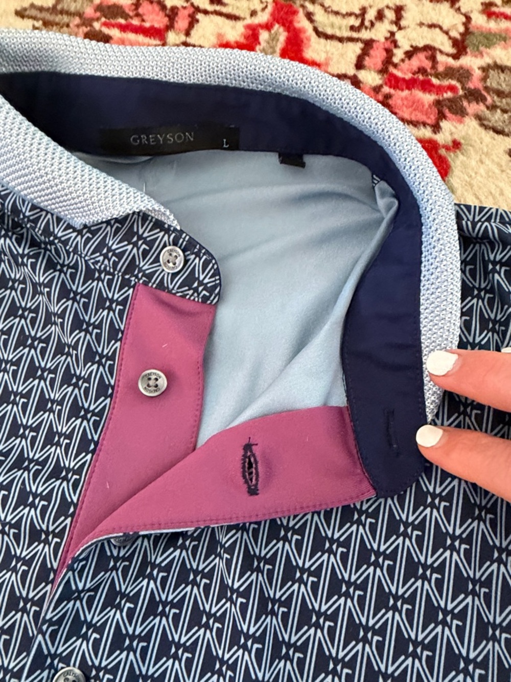 Greyson Navy Geometric Polo with Light Blue Collar - Picture 7 of 11